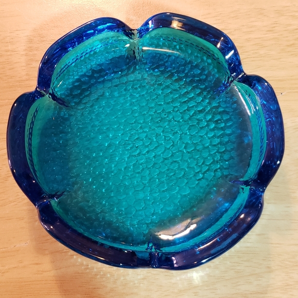 Vintage Cobalt Blue Stylized Floral Heavy Ashtray Used for Jewelry, Trinket Dish
